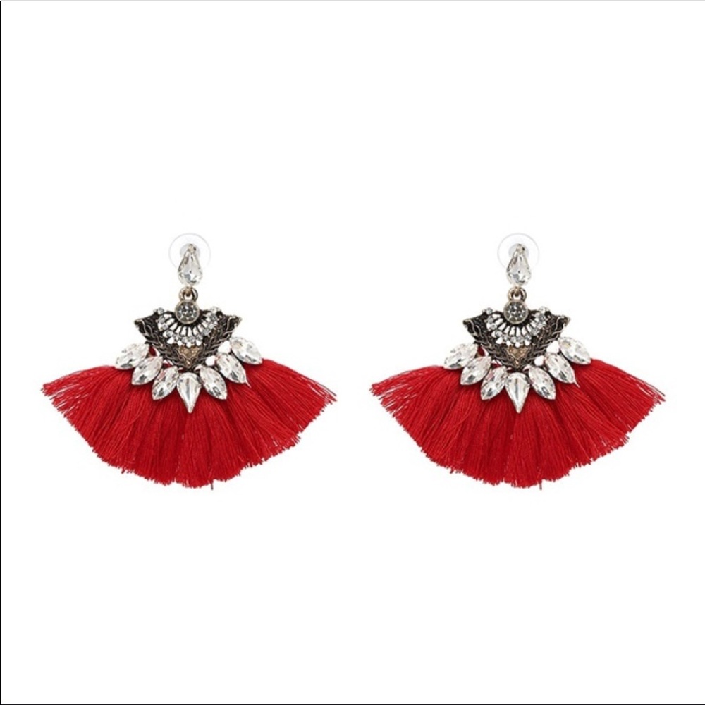 Jeweled, Red Tassel, Antique Gold Earrings